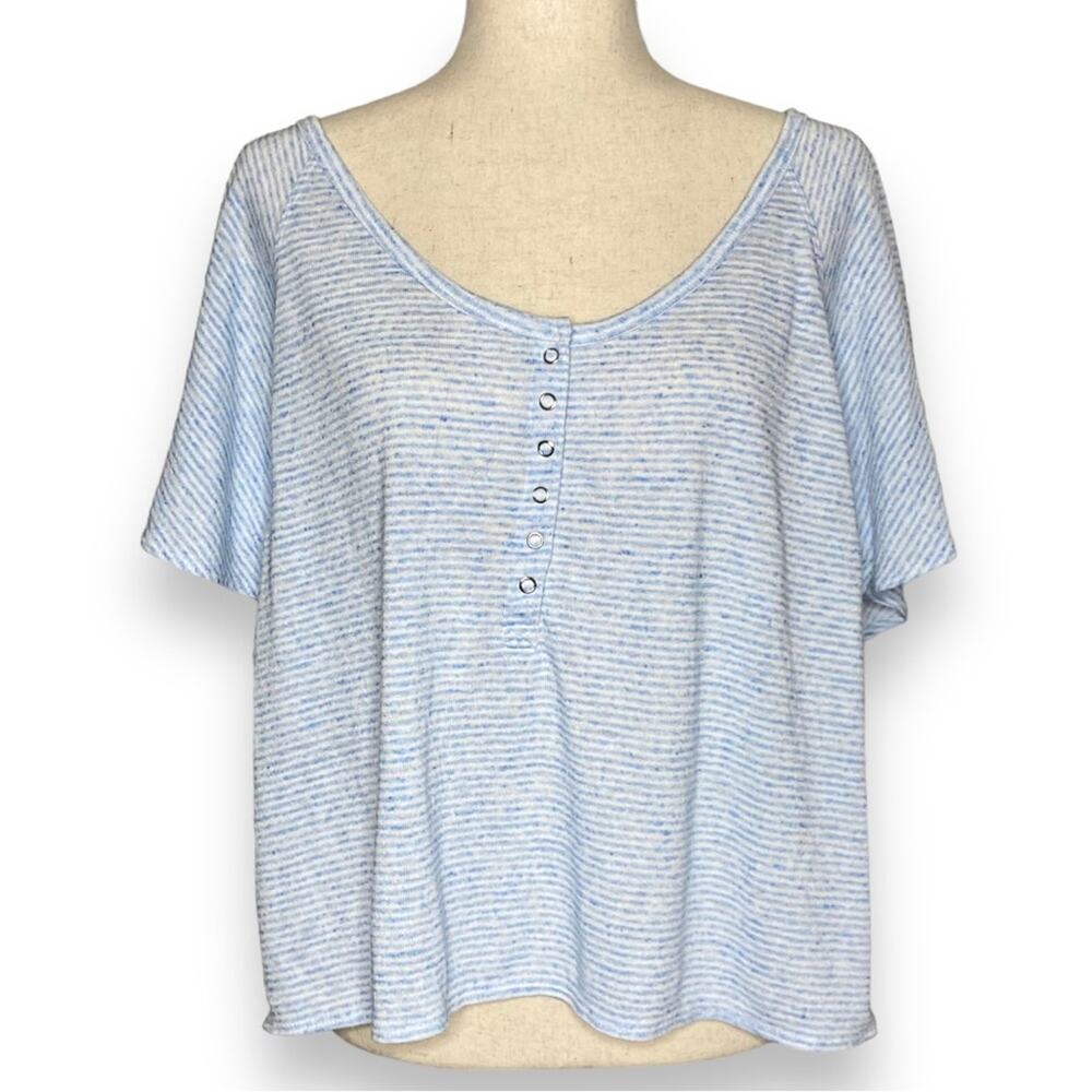 Old Navy Cropped Linen Loose Fit Flutter Sleeve Blue Mini Stripe Women’s Size XL